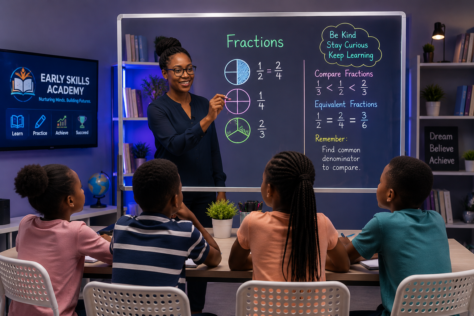 Teacher conducting a live lightboard lesson with attentive Grade School learners